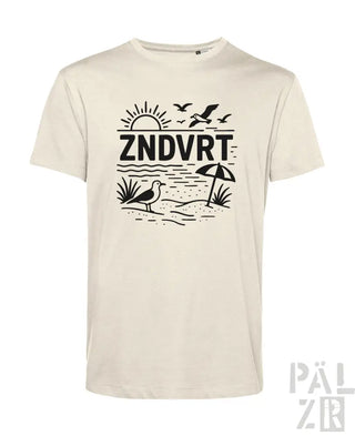 Cremeweiße Bio-Baumwoll-T-Shirt mit schwarzem Strandmotiv-Design mit Möwen, Sonnenstrahlen und Palmen.