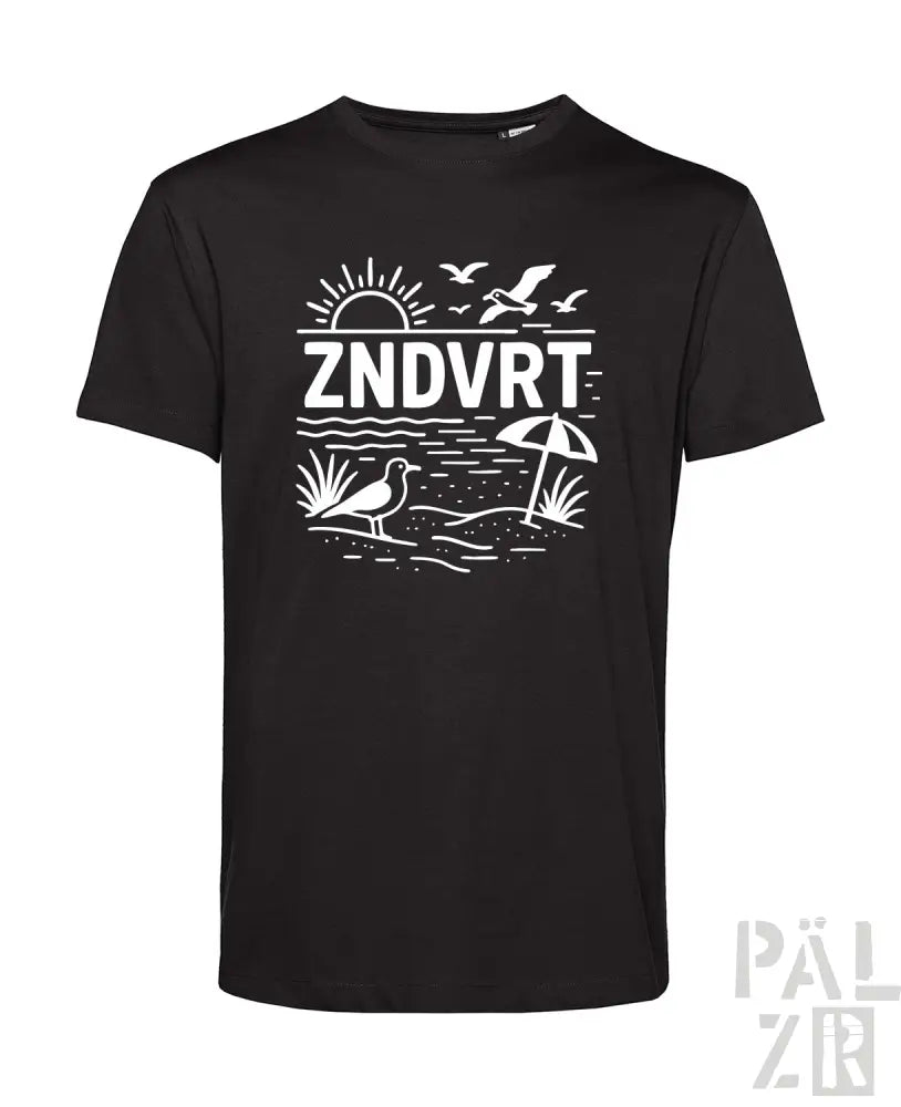 Schwarzes T-Shirt mit weißem Strandmotiv-Design mit Seevögeln und Schirm, ’zndvrt’ Text.