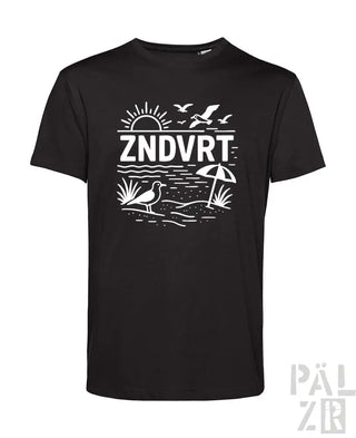 Schwarzes T-Shirt mit weißem Strandmotiv-Design mit Seevögeln und Schirm, ’zndvrt’ Text.