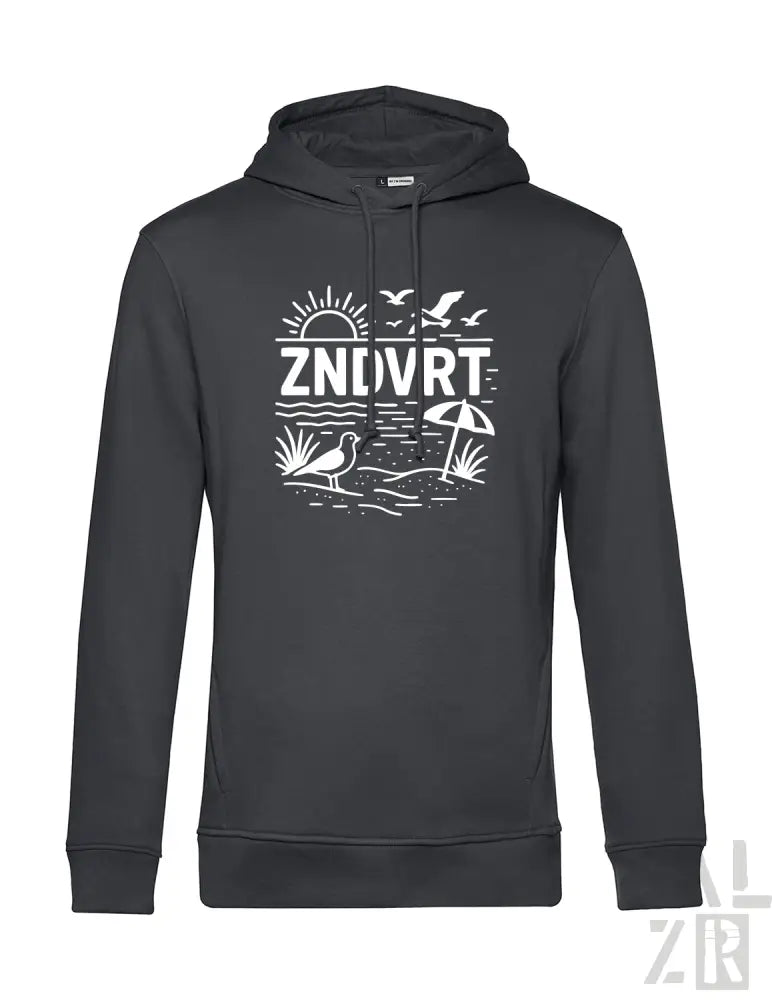 Anthrazitfarbene Kapuzenjacke mit weißem Grafikdesign, das eine Strand-Szene und das Wort ’znovrt’ in fetten Buchstaben zeigt.