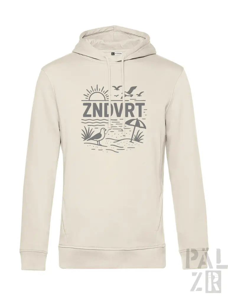 Creme-farbene Hoodie mit Grafikdesign, das eine Strand-Szene und das Wort ’znovrt’ in fetten Buchstaben zeigt.