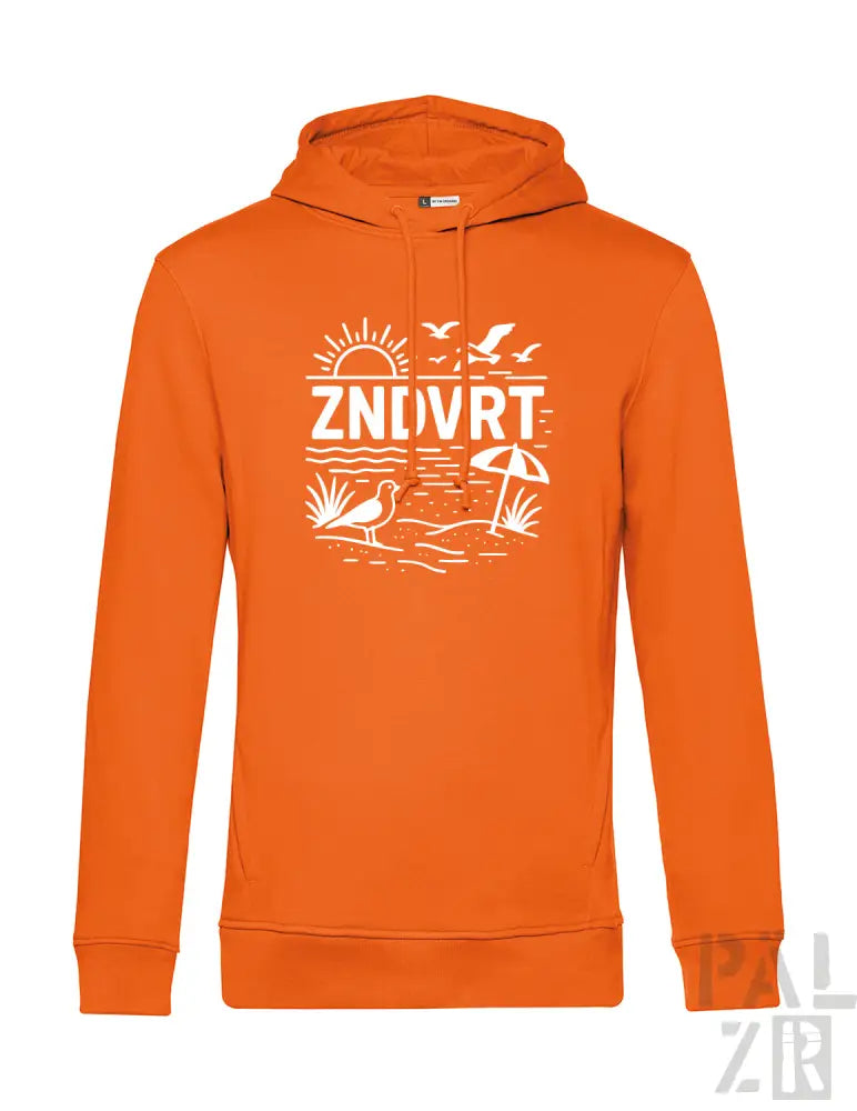 Orange Kapuzenpulli mit Strand-Motiv und Kapuze.