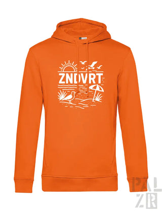 Orange Kapuzenpulli mit Strand-Motiv und Kapuze.