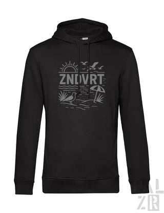 Schwarzes Hoodie mit ’zndvrt’ Grafikdesign mit Vögeln und Sonne, aus Baumwolle gefertigt.