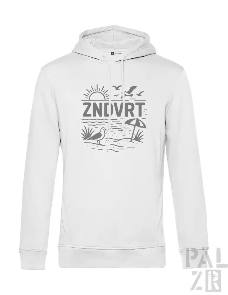 Weißes Hoodie mit Strandmotiv-Design, das Sonne, Möwen und Schirm zeigt.