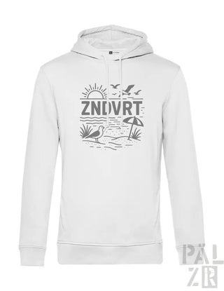 Weißes Hoodie mit Strandmotiv-Design, das Sonne, Möwen und Schirm zeigt.