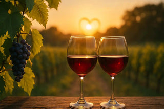 Zwei Gläser Rotwein im Weinberg bei Sonnenuntergang.
