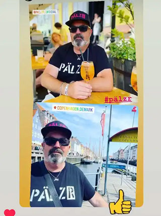 Zwei Fotos eines Mannes, der ein schwarzes Hemd und eine Mütze trägt, eines in einem Café mit einem Getränk und das andere an einem Kanal.