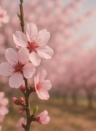 Ein Zweig mit hellrosa Kirschblüten und sichtbaren Staubblättern.